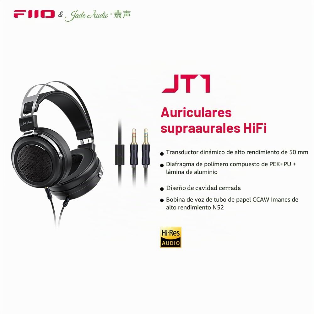 FIIO JadeAudio JT1 - Auriculares Profesionales de Estudio para grabación de Videojuegos con micrófono, diafragmas de 50 mm, Auriculares de Estudio de música de Alta resolución