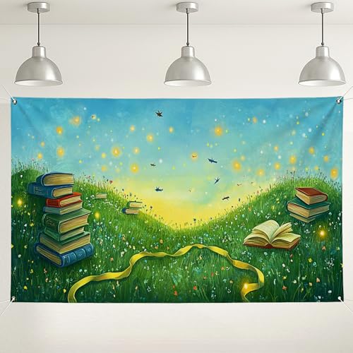 Sfondo da parete con libri sul prato incantato, fantasioso sfondo fotografico artistico naturalistico, perfetto per eventi di narrazione, feste di laurea, celebrazioni primaverili, 180 x 109 cm