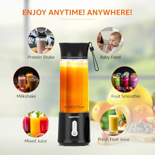 Image of Amazon Basics Portable Hand Blender for Smoothies and Juices | Pulse Mode | USB Rechargeable | 6 Stainless Steel Blades | 500 ml Jar | 1 year Warranty | 2x2000 mAh Batteries (Black)