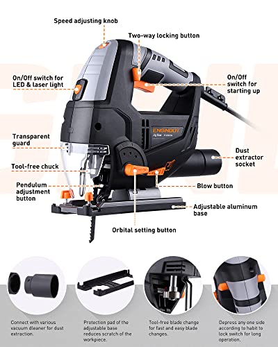 6.7 Amp 800W Jigsaw, Engindot (800-3000 Spm) Jig Saw With 6 Variable Speed, Laser & Led, 4 Orbital Sets, 6 Blades, 45° Bevel Cutting, Scale Ruler, Dust Blowing For Wood, Metal And Plastic Cutting #TOP5