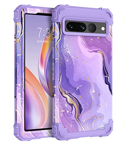 DUEDUE Google Pixel 7 Pro Case Heavy Duty Rugged Shockproof Drop Protection 3 in 1 Hybrid Hard PC Cover Soft Silicone Bumper Full Body Protective Phone Case for Google Pixel 7 Pro, Purple/Marble
