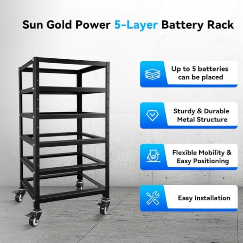 Image of SUNGOLDPOWER 3U Server Rack Battery Rack, 5-Layer Rack for 48V 100Ah Lithium Batteries, Stackable Battery Holder with Wheels & Open Ventilation for Solar Energy Storage Systems