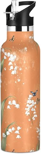 Botellas de agua reutilizables con tapa con pajilla, diseño de lirio de los valles, terracota, aisladas al vacío, a prueba de fugas y sin BPA para