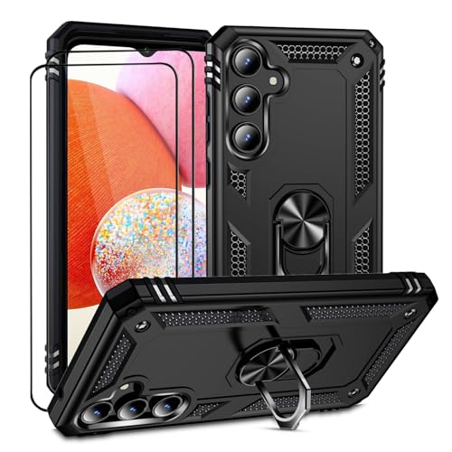 LEVIOSA Funda para Samsung Galaxy A14 con 2 protectores de pantalla, funda para Galaxy A14 5G con soporte de anillo de 360 grados, funda protectora militar para Samsung A14 (negro)