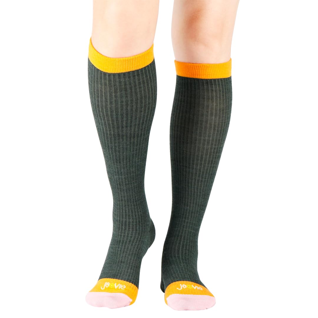 ja vie JAVIE Merino Wool Compression Socks for Women & Men (15-20mmHg) Knee High Seamless Toe Mock Rib Stockings with Contrast Toe