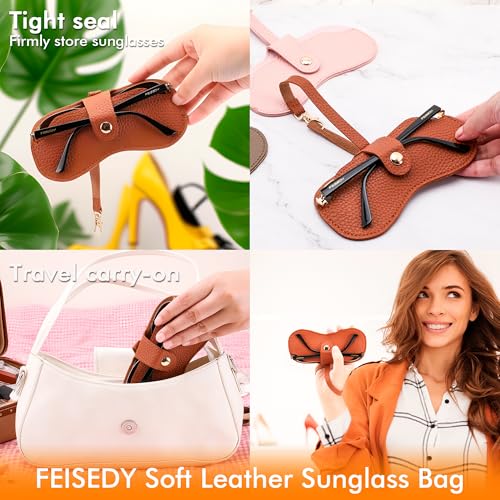 Image of FEISEDY Sunglass Case, 2Pcs Soft Leather Eyeglass Cases for Women | Slim Portable Glasses Holder, with Button-Closure Wrist Strap for Travel & Outdoor B0308