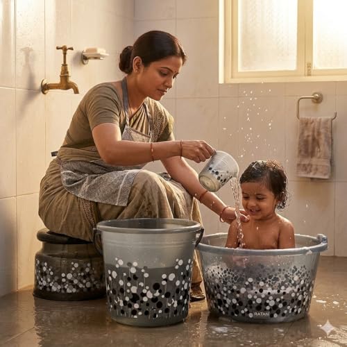 Image of AIR O MATIC Plastic Bathroom Set 06 Pieces Heavy Duty, Large Capacity (18 LTR Tub, 18 LTR Bucket, NOVA Patla Round, Tidy Dustbin 9 LTR, Mug 1LTR, Soap Case) Black
