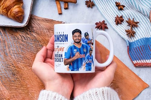Image of Cricket Theme Coffee Mug IPL Edition - Stylish Helicopter Shot Print Cup - Gift for Cricket Fans, Boys & Friends (sanju Samson 3, Large)