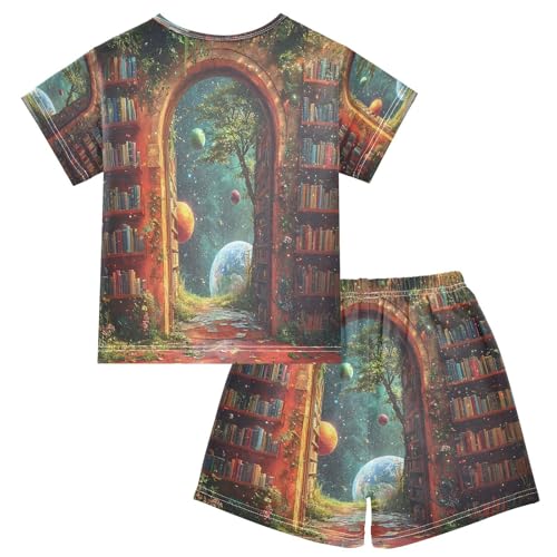 ALAZA Planet Solar System Book Bookworm Pajamas Set Short Sleeve Cotton Sleepwear Summer Pjs 2 Piece 5-14Y2