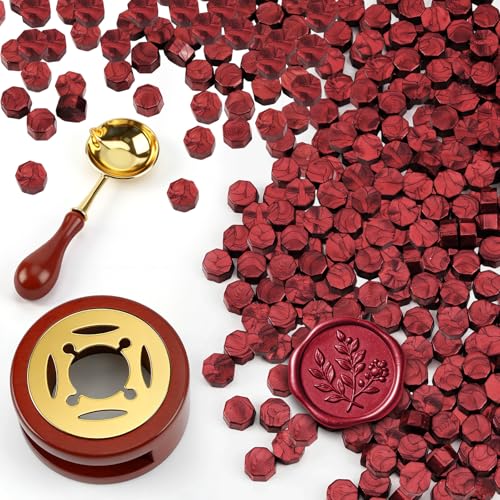 Siegelwachs Perlen Set 300 Stück Siegelwachs Rot mit Wachssiegel Ofen und Schmelzlöffel Achteckiges Siegellack für Stempel Einladungen Karten Umschläge Geschenkverpackungen Hochzeit Basteln