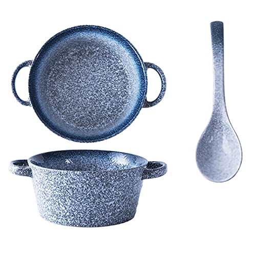 WJIHUYU Tazón de cerámica de 2000 ml con cuchara, tazón de sopa binaural Mano anti-fijación para la sopa de cebolla francesa Avena y ensaladas Microondas y lavavajillas Caja fuerte