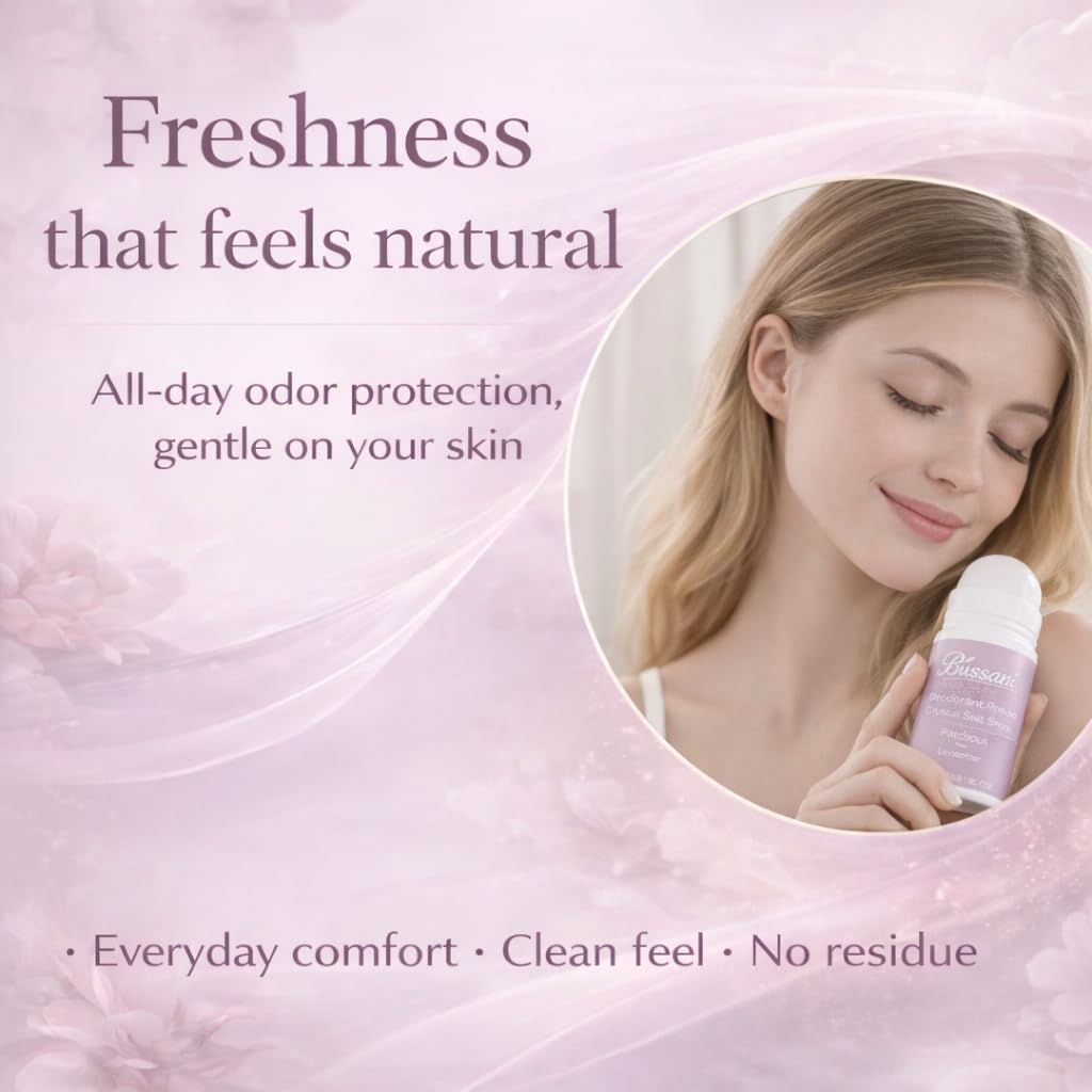 Bussani Deodorante naturale da 3 pezzi da 90 ml di lavanda al patchouli – Deodorante roll-on in pietra di cristallo per donna, protegge senza alcool, parabeni o alluminio, senza macchie e cruelty-free