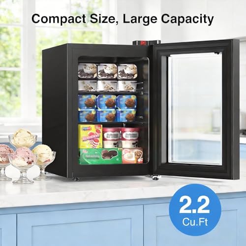 Electactic Mini Freezer, 2.2 Cu.ft Compact Upright Freezer with Glass Door Display, 7 Temperature Settings, -10°F to -18°F Deep Freezing, Quiet Freezer for Home Use, Black - 3