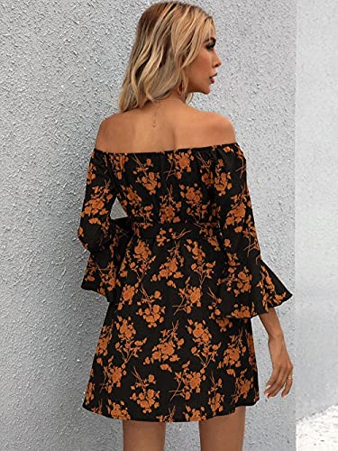 Womens Off Shoulder Ruffle Floral Summer Wedding Guest Dresses A Line Shift Short Skater Dress with Belt2