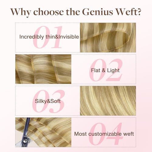 Image of GOO GOO Genius Human Hair Extensions - Sew In Rooted Remy Weft, 16 /22 Light Blonde Highlighted Golden Blonde, 18 Inch 50g, Hand Tied