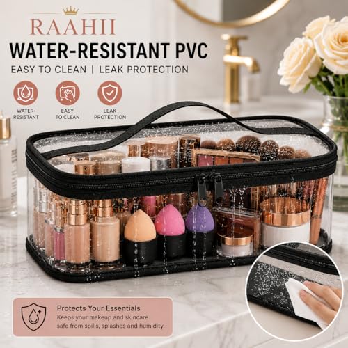 Image of RAAHII 4 Piece Transparent Makeup Organizer Bag for Women | Waterproof PVC Cosmetic Travel Pouch | Vanity & Toiletry Storage for Makeup, Skincare, Brushes & Accessories | Clear Organizer Case