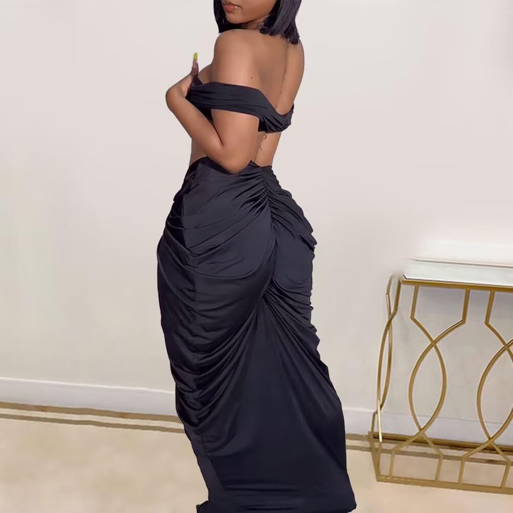 Womens Sexy Tube Tops and Ruched Pleated Skirts 2 Piece Sets Party Club Suits