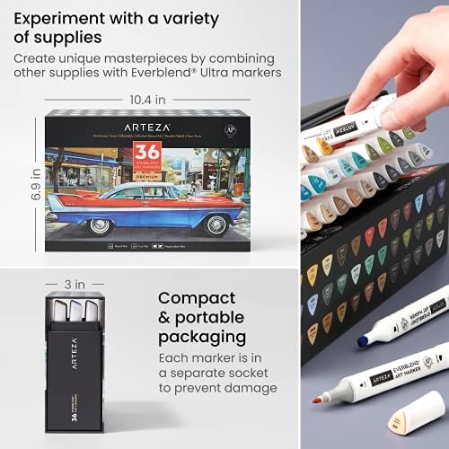 ARTEZA Alcohol Marker Pens, Set of 36 Colours, Americana Tones, Medium Chisel & Fine Tip, Art Supplies for Drawing & Sketching