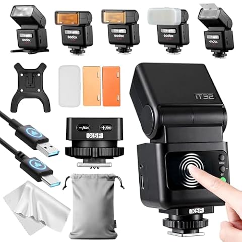Godox iT32 z wyzwalaczem X5F TTL do Fujifilm, magnetyczna konstrukcja modułowa do zdjęć off-camera, TTL i HSS, kolorowy ekran dotykowy, wbudowana LED, system bezprzewodowy X 2.4 GHz, USB-C