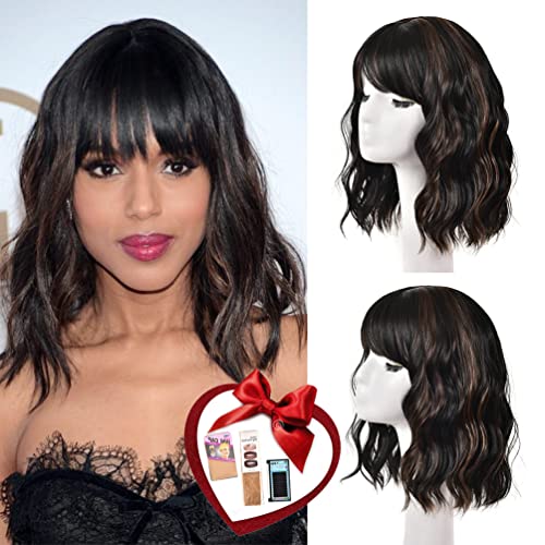 Short Brown Wavy Bob Wig with Bangs, Realistic Colorful Fun Shoulder Medium Length Wigs for Women, Premium Curly Synthetic Dark Brown Wig with Bangs Cosplay Valentines Day Gifts
