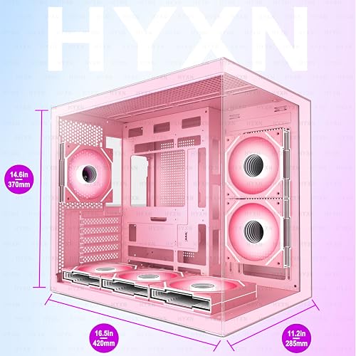 Image of H3 HYXN ATX PC Case - Pre-Installed with 6 Infinity Mirror PWM ARGB Fans - Compact Dual Cavity Mid-Tower PC Gaming Case - with Type-C 3.2-360mm Radiator Support, Pink