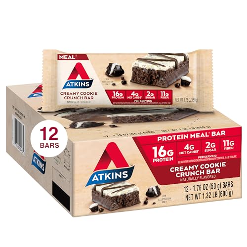 Image of Atkins Creamy Cookie Crunch Meal Bars, 16g Protein, 11g Fiber, 2g Sugar, 4g Net Carbs, Low Carb, 12 Count
