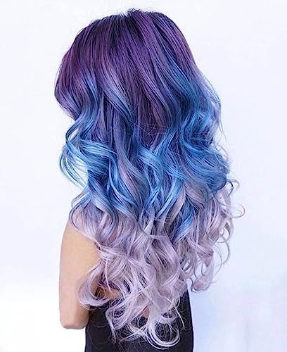 Swiking Purple Long Curly Ombre Wigs for Women Purple Mixed Blue ...