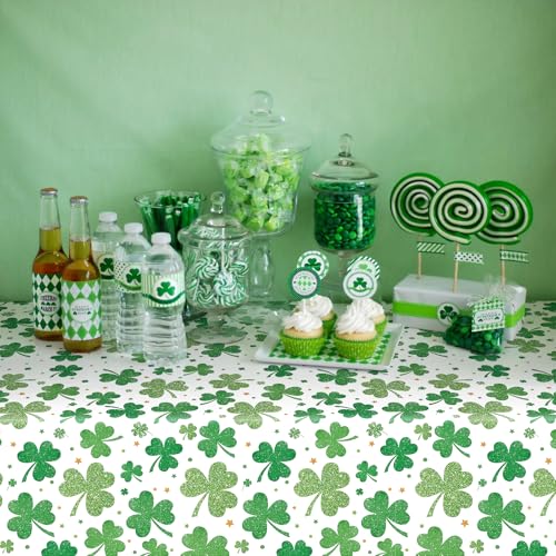 Image of Gistome 3-Piece 54 x 108 Inch St. Patrick's Day Shamrock Plastic Tablecloth - Green Lucky Clover Design Table Cloth, Disposable Rectangle Table Cover for St. Paddy's Day, Irish and Spring Decorations