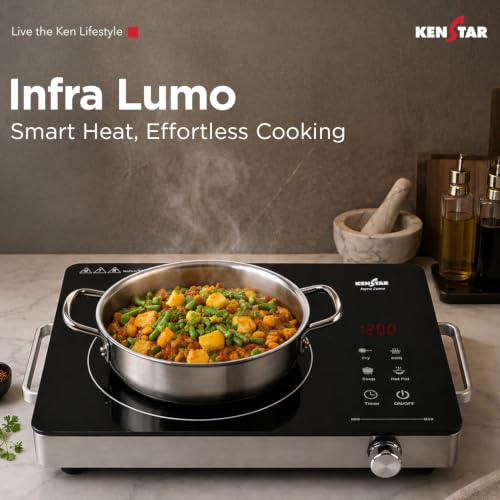 Image of Kenstar Infra LUMO 2000W Infrared Stove with 11 Power Levels, 4 Preset Modes, Toughened Glass Top and Timer Function Silver Black