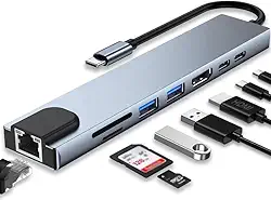 Hub USB-C 8 em 1 – HDMI 4K, USB 3.0, RJ45, SD/TF e PD – Adaptador Tipo-C para Notebook e MacBook