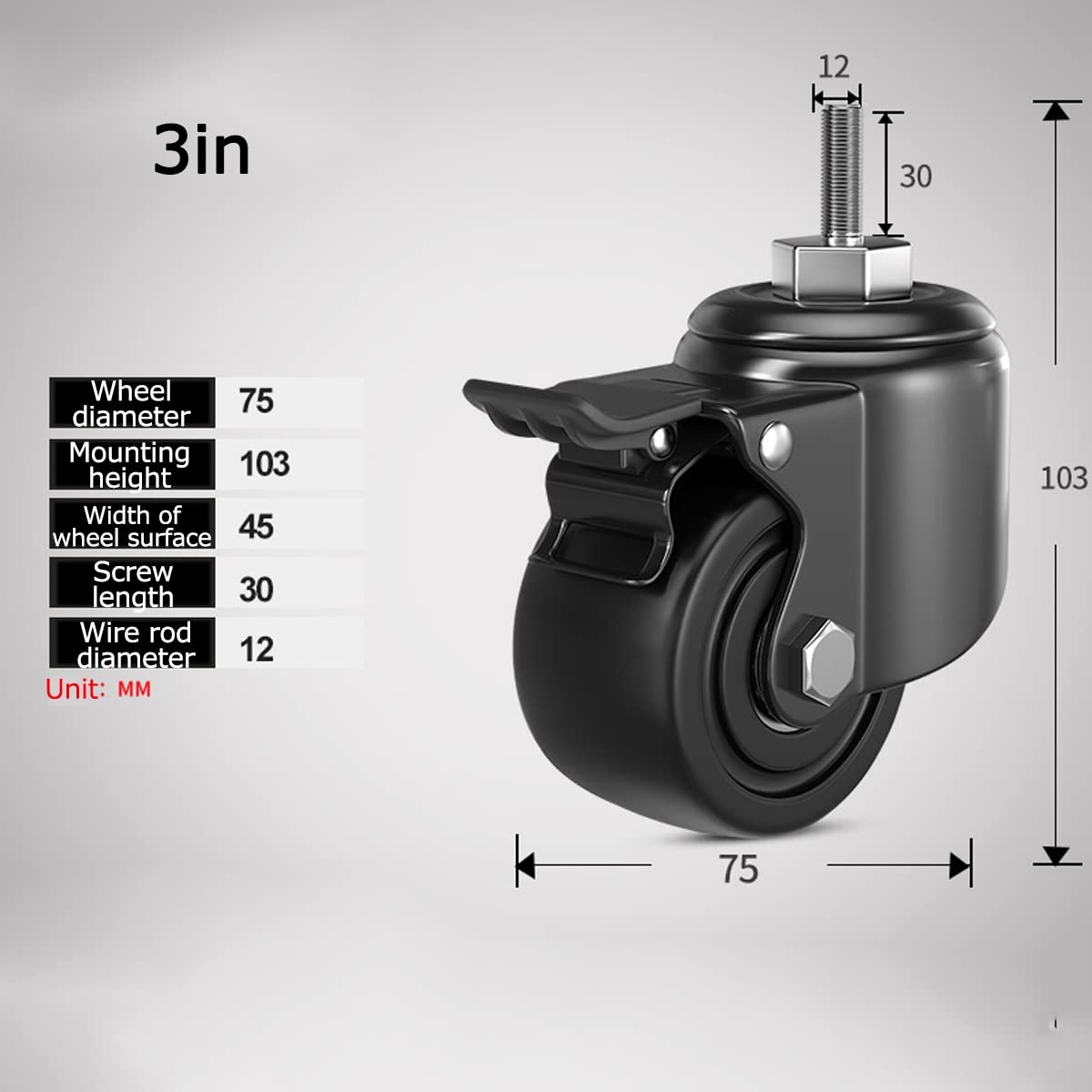 EPOTRDCV Ruote Con Stelo Filettato Da 2 Pollici M10, Ruota - Foto 5