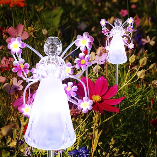 Flumy Solar Lights Outdoor Waterproof 2 Packs,Cemetery Grave Decorations,Memorial Gift,Christmas Yard Art,Solar Lights for Outside Gardening Supplies, Iron Winged Angel Light Solar Powered,Pink