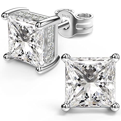 18K White Gold Plated Sterling Silver Princess Cut Cubic Zirconia Stud Earrings Square Simulated Diamond CZ Stud Earrings for Women Men Hypoallergenic