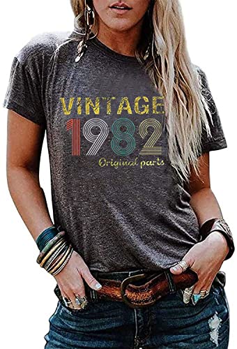 40th Birthday Gift Shirts Vintage 1982 Original Parts Tshirt for Women Letter Print Retro Birthday Casual Tee Tops (Medium, Dark Grey)