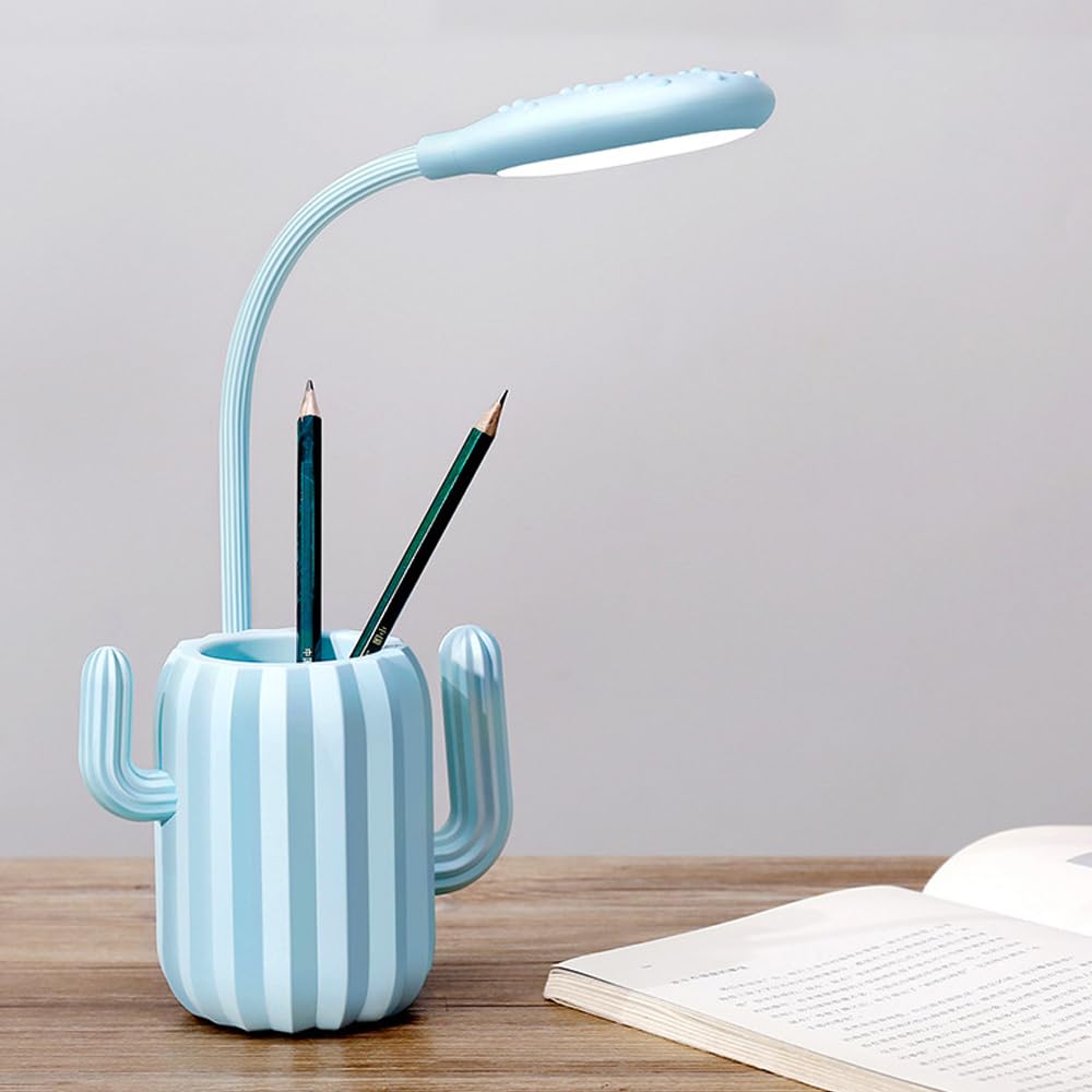 LED Rechargeable Desk Lamp - Cute Cactus Table Light with Pen Holder for Kids, Touch Control Gooseneck Desk Reading Lamps (White Light) Blue
