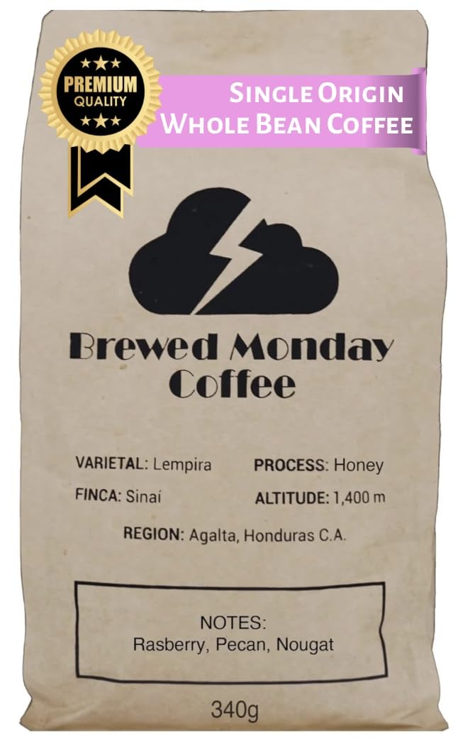 Organic Honduran Whole Bean Coffee Single Origin By Brewed Monday Fair Trade, Fresh Beans | 12oz Medium Roast | Refined | Whole Bean Coffee (12 oz, Honey Process)