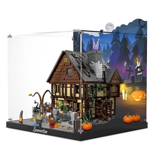 NAOCARD Acrylic Display Case for Lego 21341 Disney Hocus Pocus: The Sanderson Sisters' Cottage Building Bricks, Dustproof Display Box, Customized Decorative Box & HD Painted Background