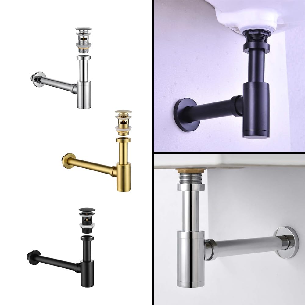 Siphon d'évier de salle de bain en acier inoxydable avec trop-plein, kit de vidange pour lavabo de salle de bain (or brossé)