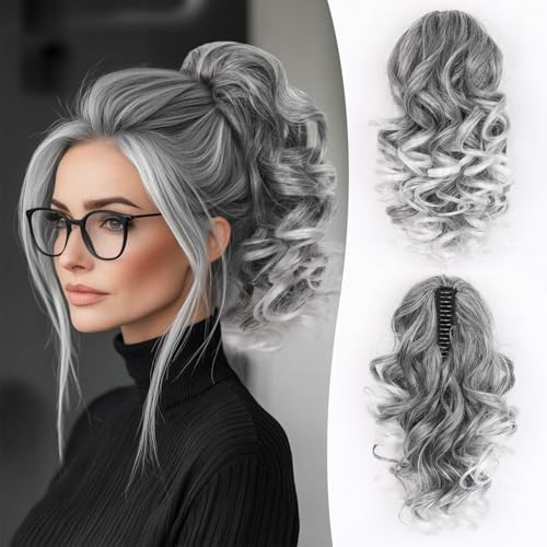 ZQIAN BEAUTY Claw Clip Ponytail Extension - 12 Inch Curly Ponytail Extension, Wavy Pony Tails Hair Extensions, Synthetic Hair Extensions Ponytail, Clip On Ponytails for Women (Color: Salt and Pepper)