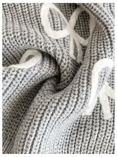 Image of BEAUDRM Girl's Cute Bow Sweater Crew Neck Long Sleeve Drop Shoulder Loose Pullover Tops