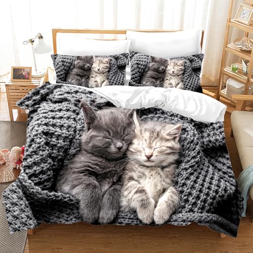 KAIDAARTLH Chat Set de Linge de lit 135x200cm, Motif Chat Housse de Couette Microfibre, Impression 3D Set de Linge de lit 3 pièces avec Fermeture éclair...