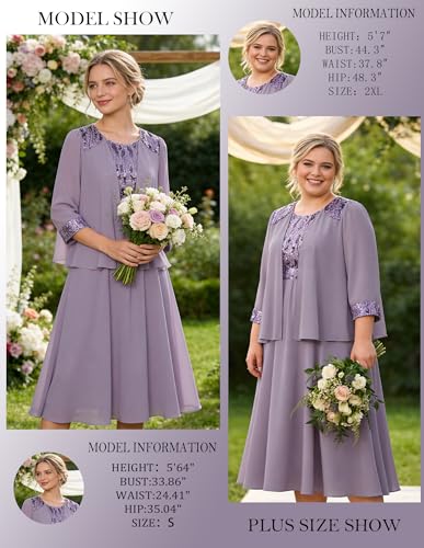 Image of GRACE KARIN Formal Wedding Guest Dress Sequin Mother of The Bride Dresses | Two Piece,3 /4 Sleeve,Tea Length,Crew Neck,Fit and Flare,Chiffon,Suitable for Spring /Summer /Fall /Winter /Cocktail /Party /Prom