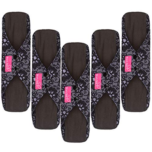 Sanitary Reusable Cloth Menstrual Pads by Heart Felt. 5 Pack Washable Natural Organic Napkins with Charcoal Absorbency Layer. Overnight Long Panty Liners for Comfort Support and Incontinence