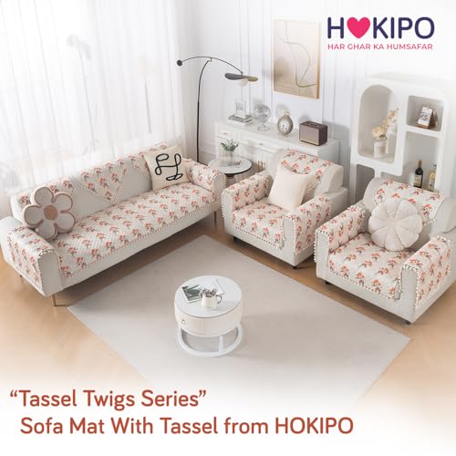 Image of HOKIPO Autumn Blossom Quilted Sofa Cover 5 Seater Set - Washable 3+1+1 Sofa Cover Mat with Tassel Design | 'Tassel Twigs' Series (IN-985-T5 + IN-982-T5*2)