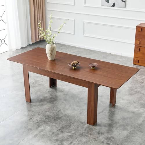 Image of 59 inch-86.6 inch Extendable Dining Table for 4 6 8 10, Modern Wooden Expandable Kitchen Table with 2 Drop Leaves, Space-Saving Rectangular Extending Dinner Table for Kitchen, Dining Room, Living Room, Walnut