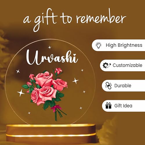 Image of PRINTHUA Plastic Personalized LED Night Table Lamp with Custom Name, Unique Gift for Women, Men, Kids, Girlfriend, Boyfriend, Husband, Wife | Perfect for Birthdays, and Special Occasions (Roses)