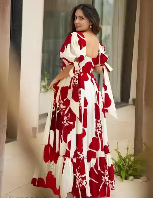 Image of Women Floral Printed Tiered Maxi Dress with Puff Sleeves, Empire Waist, Tie-Up Detail, Flared Long Dress for Casual Wear, Summer Outings, Vacation & Resort Wear - Causal Gown for Women