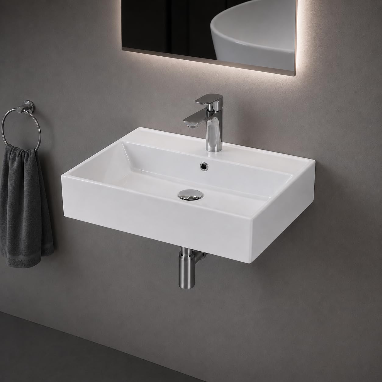 Aqua Bagno Ceramiczna umywalka 60 cm – prostokątna umywalka wisząca lub umywalka nablatowa z otworem na kran, głębokość 42 cm, montaż na ścianie, WC dla gości, biała