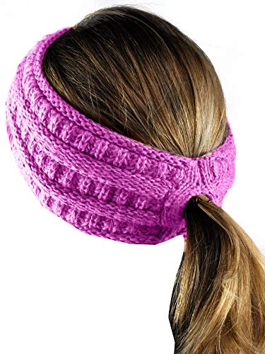 C.C Cable Knit Fuzzy Lined Ear Warmer Ponytail Pony Headband, Azalea
