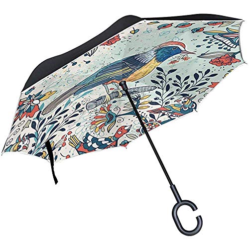 Preisvergleich Produktbild Merle House Winter-Retro- lustiger Vogel-Rückseiten-umgekehrter Regenschirm, Blumen-Schnee-winddichter Golf C-Griff für Regen-Sonnen-Auto-Regenschirme